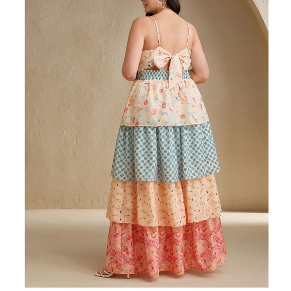 Boho Floral Print Layered Tiered Ruffle Hem Tie Back Cami maxi Dress - Picture 8 of 9